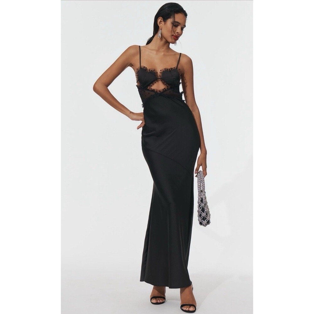Anthropologie For Love & Lemons Maxi Slip Dress Heart Black Retro Sexy Large NWT